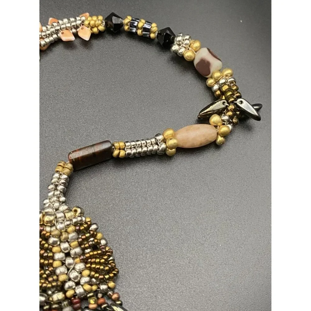 Artisan  Necklace Boho Natural Stone Shell Glass Bead Antiqued Bronze Toggle 38" - Picture 5 of 13